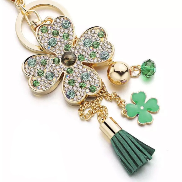 Green & Silver Crystal Four Leaf Clover Keychain with Tassel Charms - Picture 2 of 16